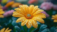Fresh orange African daisy with morning dew drops on petals against dark green garden background, creating natural floral macro photography with soft bokeh effect.