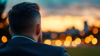 Back view of Asian businessman looking at blurred city lights during sunset, contemplative mood with bokeh effect in warm orange tones creates atmospheric scene.