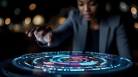 Young African American businesswoman interacting with futuristic holographic circular interface display in dark office with bokeh lights background.
