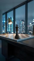 Desk lamp illuminates chess piece on marble table in modern high-rise office with panoramic city skyline views at dusk, suitable for business and corporate design projects.