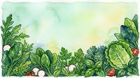 Watercolor garden border with fresh vegetables and herbs on isolated white background, suitable for recipe cards, cooking blogs, menu designs, and culinary publications.