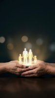 Elderly hands protecting glowing family silhouettes representing life insurance, healthcare coverage, and financial security for loved ones.