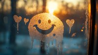 Smiling face drawn on foggy window with heart shapes during golden sunset, creating atmospheric condensation pattern with drips and warm backlight.