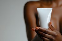 African American woman's hands holding blank white cosmetic tube against blurred body background, mockup for skincare and beauty products.