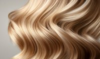 Luxurious wavy blonde hair with honey and caramel highlights flowing in smooth curves against neutral background, showcasing professional hair coloring and styling techniques.