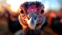 Dramatic close up portrait of emu bird face with intense red eyes and feathers against blurred sunset background, showing curious expression and detailed beak features.