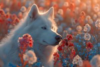 White wolf portrait among red wildflowers at sunset, backlit with glowing rim light, close up view of majestic canine in natural environment during golden hour.