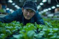 Caucasian male farmer inspecting organic lettuce plants in modern hydroponic greenhouse, wearing navy cap and jacket, surrounded by rows of fresh green produce.