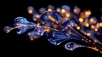 Delicate crystalline branch with water drops reflecting golden bokeh lights against dark background, creating magical winter nature macro photography.