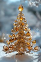 Golden crystal Christmas tree ornament with amber jewels and delicate filigree details against soft bokeh winter background, elegant holiday decor piece.