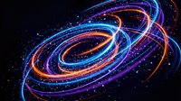 Glowing neon spiral rings with particle effects on dark space background. Digital energy waves in blue, purple and orange colors for futuristic designs.