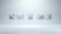 Financial growth chart, dollar sign, ascending graph, house, and bitcoin symbol connected by lines on white background, representing investment, real estate, cryptocurrency, and wealth management concepts.