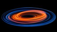 Glowing orange and blue spiral light trails create dynamic circular motion effect against black background, abstract long exposure photography.