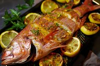 Grilled whole red snapper seasoned with herbs, garnished with charred lemon slices and fresh parsley on dark serving platter, close up view of seafood dish.