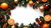 Festive frame with fresh oranges, pine cones, fir branches, cinnamon sticks, holly berries and gold and red ornaments on white background. Holiday food styling.