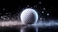 Golf ball with water droplets and splash effects on dark surface creating dramatic sports photography for athletic marketing materials.