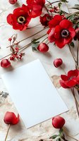 Red anemone flowers and scattered petals frame blank white card on textured stone background, creating romantic floral composition for wedding stationery or invitation design.
