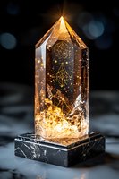 Glowing crystal obelisk with geometric patterns and golden light effects on marble base, mystical sacred geometry symbols against dark background with bokeh.
