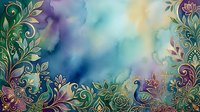Ornate floral frame with watercolor gradient background in teal, purple, and gold tones, featuring decorative botanical borders and swirling leaf patterns for design projects.