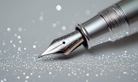 Elegant fountain pen nib in silver metallic finish against sparkly grey background with bokeh effect, showcasing luxury writing instrument detail for stationery design.