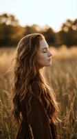Young Caucasian woman with long wavy hair in profile enjoying peaceful moment in golden hour field. Serene meditation and mindfulness concept.