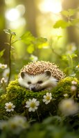 Adorable hedgehog resting on moss surrounded by small white daisies in soft sunlight with bokeh effect and green foliage background.