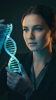 Young female scientist examining glowing DNA double helix model in laboratory setting with dramatic blue lighting for genetic research and biotechnology concepts.