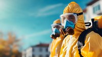 Workers in yellow hazmat protective suits and respirator masks during emergency response operation against hazardous materials or infectious disease outbreak.