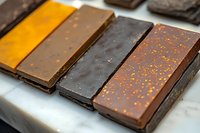 Artisanal chocolate bars with orange and brown speckled decoration arranged in rows on marble surface, showing variety of dark and milk chocolate textures.