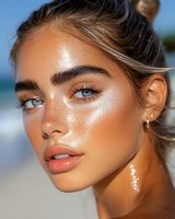 Young woman with glowing bronzed skin, freckles, and bright blue eyes wearing shimmering highlighter makeup and coral lipstick in summer beach lighting.