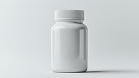 White plastic medicine bottle with ribbed cap on neutral background, isolated product mockup for pharmaceutical and supplement packaging design.
