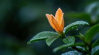 Orange flower bud with morning dew drops on dark green leaves creates atmospheric nature macro photography, suitable for wellness and spa designs.