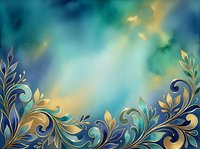 Ornamental floral border with gold and navy scrollwork frames a luminous turquoise and golden sky gradient, ideal for backgrounds, invitations, and decorative design projects.