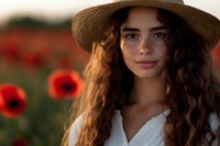 Young woman with long curly brown hair wearing straw hat and white blouse smiling in poppy field during golden sunset light, natural summer portrait.