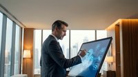 Businessman in dark suit analyzing digital data visualization on touchscreen display in modern office with city skyline view, suitable for corporate technology and business analytics content.