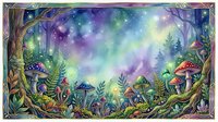 Enchanted forest floor with glowing mushrooms, magical lights, and mystical aurora sky, surrounded by ornate decorative border and lush vegetation.