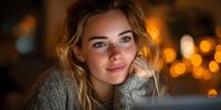 Young blonde woman in cozy sweater smiling warmly with soft bokeh lights background creating intimate atmosphere for lifestyle and portrait photography.