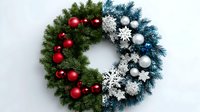 Festive Christmas wreath with red and white ornaments, snowflakes on evergreen branches against white background for holiday decorations and seasonal designs.