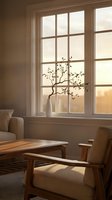 Cozy living room interior with warm sunlight streaming through white window frames, featuring wooden furniture and minimalist plant decoration in ceramic vase.