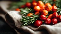 Fresh red cranberries and green rosemary sprigs arranged on natural linen fabric with soft lighting, creating rustic holiday mood for seasonal cooking and decoration.