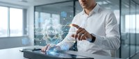 Professional businessman using holographic RPA robotic process automation interface in modern office environment for digital transformation and workflow optimization.