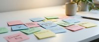 Colorful sticky notes arranged on white desk surface with coffee mug and plant, representing brainstorming, planning, organization, and creative workflow for business projects.