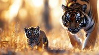 Bengal tiger mother and cub walking through tall golden grass at sunset, dramatic lighting creates magical atmosphere in natural wildlife setting.