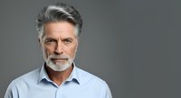 Mature man with gray hair and beard wearing light blue shirt against neutral gray background, suitable for corporate, business, and professional portraits.