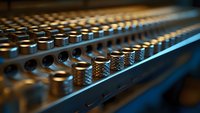 Professional audio mixing console with rows of metallic knobs and faders in dramatic lighting, showing depth of field focus on sound engineering equipment.