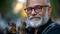 Mature Caucasian man with gray beard and glasses smiling while feeding three curious squirrels in park setting during golden hour, capturing joyful connection with nature.