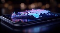 Futuristic holographic city skyline emerging from smartphone screen with glowing neon lights and digital architecture for technology presentations.