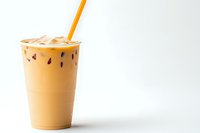 Refreshing iced coffee drink in plastic cup with orange straw on white background, coffee beans visible in creamy mixture. Perfect for cafe and beverage marketing.