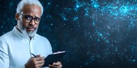Senior African American businessman with glasses and white beard writing in notebook against futuristic blue digital background with glowing particles.