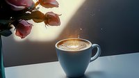 Steaming cappuccino cup with latte art in morning sunlight next to pink roses, creating atmospheric mood with dramatic lighting and soft shadows.
